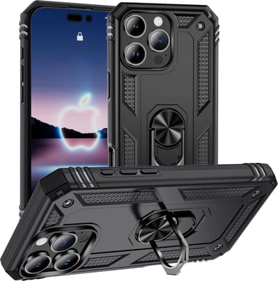 iPhone 16 Pro Zwart Premium Kickstand Armor Hoesje - Extreme ShockProof iPhone 16 Pro Zwart Backcover - Ultra Luxe Hybrid Armour iPhone 16 Pro Case - 360° Rotating Ring Grip Kickstand