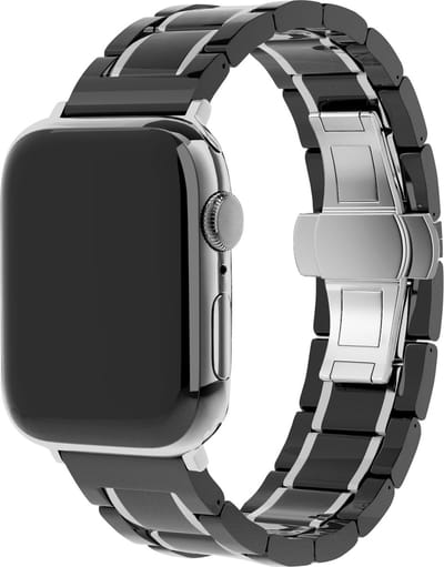 Strap-it Luxe Keramieke schakel band - Geschikt voor Apple Watch bandje -Series 1/2/3/4/5/6/7/8/9/10/11/SE/SE2/SE3/Ultra (2/3) - Zwart/Zilver - Keramiek/metalen band met vlindersluiting - RVS iWatch bandje voor maat: 44mm / 45mm / 46mm / 49mm