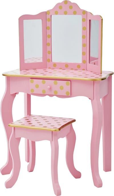 Teamson Kids Houten Kaptafel Kinderen - Tafel en Stoel Set - Polka Dot - Roze/Goud