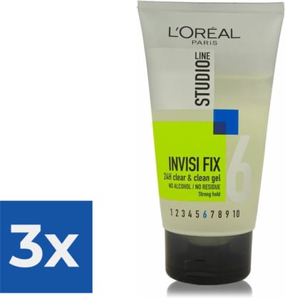 3 x L'Oréal Studio Line Invisi Fix 24H Clear & Clean Gel Strong 150 ml - 24 Uur Fixatie - Natuurlijke Look - Haar Fixatie - Gel Haar - Gezond Haar
