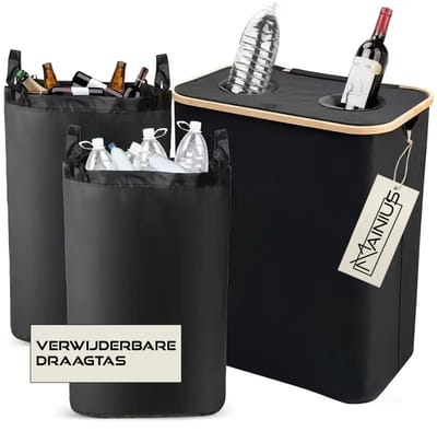 2-in-1 Statiegeldmand – Flessen, Blikjes & Glasbak in Één | Afvalscheiding Bak | Recycle Dubbele Afvalbak | 140L | Statiegeld Container | Lege Flessen Inleveren