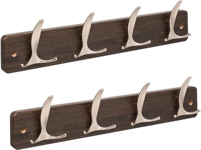 5Five Kapstok - 2x - 4 ophang haken - RVS - bruin/zilver - 45 x 10 cm - wandkapstok - voor hal of badkamer