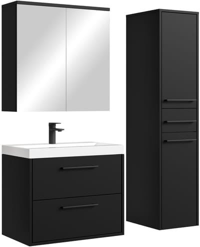 Badplaats Badkamermeubel Set Florence 60 cm – Mat Zwart – Hangend Badmeubel met Wastafel, Spiegelkast en Zijkast