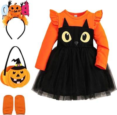 Schattig pompoen kostuum voor kinderen met haarband en tas, ideaal voor Halloween, meisjes en peuters (110cm)