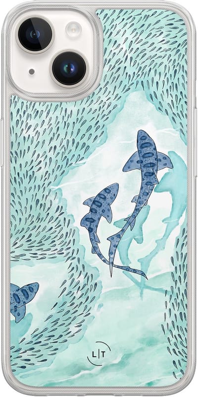Hoesje geschikt voor iPhone 14 - Baby shark - 2in1 backcover - Print / Illustratie - Blauw - Leuke Telefoonhoesjes