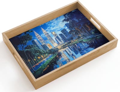Dienblad hout 40x30 cm - Schootdienblad - Stad Kuala Lumpur - Skyline - Wolkenkrabbers - Water - Borrelplank rechthoek - Plateau dienbladen