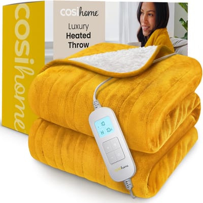 Cosi Home – Elektrische Deken – Luxe Fleece en Sherpa Wol - 180 x 130 cm Warmtedeken met 10 Warmtestanden, 10-Uurs Timer en Oververhittingsbeveiliging – Machinewasbaar – Mosterd