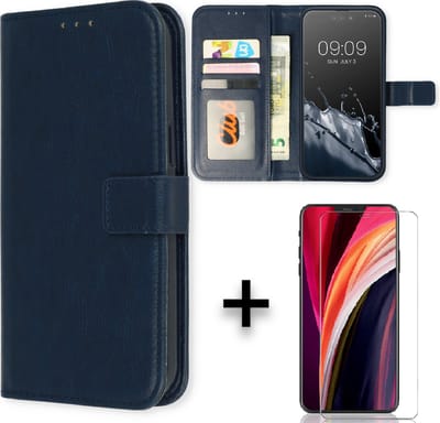 Casemania Hoesje Geschikt voor Apple iPhone 14 Blauw & Glazen Screenprotector - Portemonnee Book Case - Kaarthouder & Magneetlipje