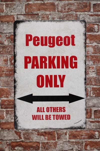 Wandbord - Peugeot Parking - Metalen wandbord - Voertuigen - Metal sign - Tekstbord - Wandborden - Parking only - Peugeot - 20 x 30cm - Cave & Garden