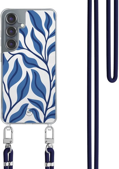 Hoesje met koord geschikt voor Samsung Galaxy S25 - Blue leaves - Inclusief Donkerblauw koord - Crossbody beschermhoes - Transparant, Blauw - Mooie Telefoonhoesjes