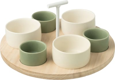 J-Line tapasplank 6 kommen + bambouschaal In Doos - keramiek/hout - wit/groen