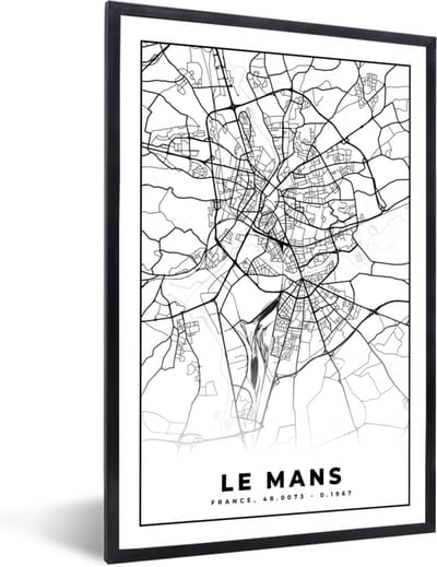 Fotolijst incl. Poster Zwart Wit- Plattegrond - Kaart - Le Mans - Frankrijk - Stadskaart - Zwart wit - 40x60 cm - Posterlijst