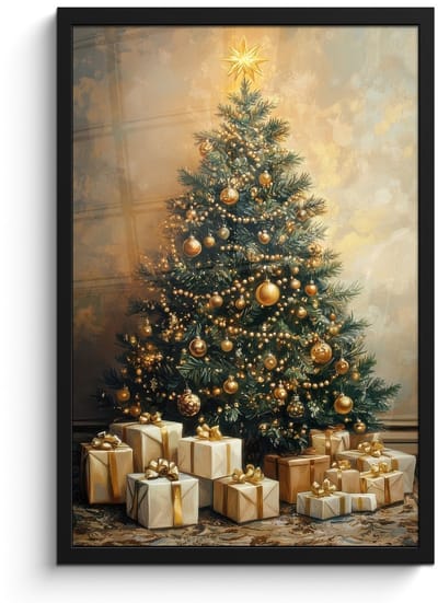 Poster in lijst - Fotolijst 40x60 cm - Posters - Kerstboom - Cadeaus - Goud - Posterlijst zwart - Decoratie - Wanddecoratie woonkamer - Muurdecoratie slaapkamer - Kerstversiering - Kerstdecoratie voor binnen - Kerstmis