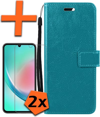 Hoes - Met 2x Screenprotector - Geschikt voor Samsung Galaxy A34 - Luxe Pasjeshouder - Bookcase Portemonee - Flip Case - Kunstleer Book Case - Flipcase Hoes - Book Cover - Walletcase - PortemonneeHoes - Turquoise
