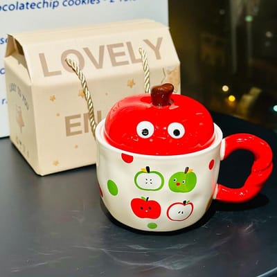 Schattige Cartoon Grote ogen Appel Mok met Deksel Schattige Keramische Ontbijtkop Cadeau voor Besties Waterbeker Souvenir 370ml