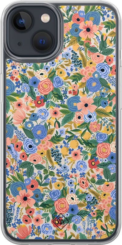 Casimoda® hoesje - Geschikt voor iPhone 13 Mini - Blue Gardens - 2-in-1 case - Schokbestendig - Bloemen - Verhoogde randen - Blauw, Transparant