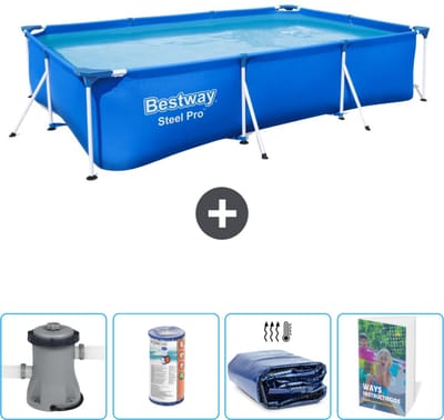 Bestway Rechthoekig Steel Pro Zwembad - 300 x 201 x 66 cm - Blauw - Inclusief Pomp Filter - Solarzeil - Zwembadgids