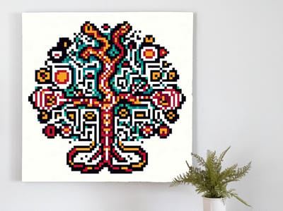 Pixel art aboriginal schilderij | Indigenous Infusion: Fusion of Pixels and Aboriginal Artistry Explorations | Kunst - 30x30 centimeter op Dibond | Foto op Dibond