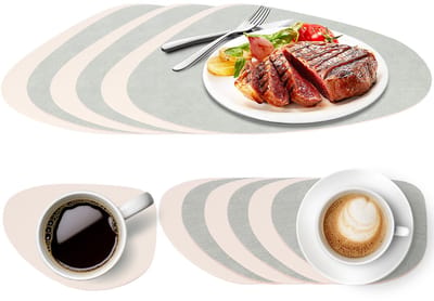 Lemlit Placemats 6 Stuks met 6 Onderzetters - Dubbelzijdige Kunstleren Tafelmatten Afwasbaar Waterdicht en Antislip - Lichtgroen Beige