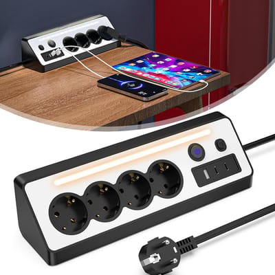 Stekkerdoos Met 4 Stopcontacten En 3 USB-Poorten - 5-Voudig Stopcontact - Bureaustopcontact Met Led-Nachtlampje