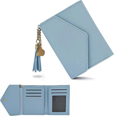 Allecto Plus - Portemonnee dames: compacte damesportemonnee met 6 kaartsleuven en ID-venster - blauw-lederen portemonnee met kwast en hartvormige hanger