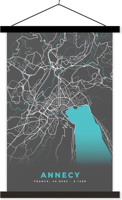 Posterhanger incl. Poster 40x60 cm - Schoolplaat - Annecy - Frankrijk - Plattegrond - Stadskaart - Kaart - Textielposter - Zwarte latten - Stadskaart