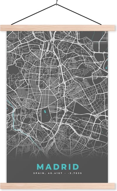 Posterhanger incl. Poster 40x60 cm - Schoolplaat - Madrid - Blauw - Kaart - Plattegrond - Stadskaart - Textielposter - Blanke latten - Stadskaart