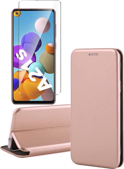 Hoesje geschikt voor Samsung Galaxy A21s - Screen Protector GlassGuard - Book Case Kunstleer ThinShield Roségoud & Screenprotector