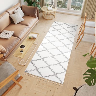 Tapiso Boho Loper Creme Hoogpolig Kwastjes Trellis Modern Woonkamer Vloerkleed Maat- 80x250