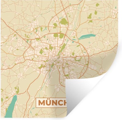 Muurstickers - Sticker Folie - Kaart - München - Stadskaart - Plattegrond - Vintage - 100x100 cm - Plakfolie - Muurstickers Kinderkamer - Zelfklevend Behang XXL - Zelfklevend behangpapier - Stickerfolie