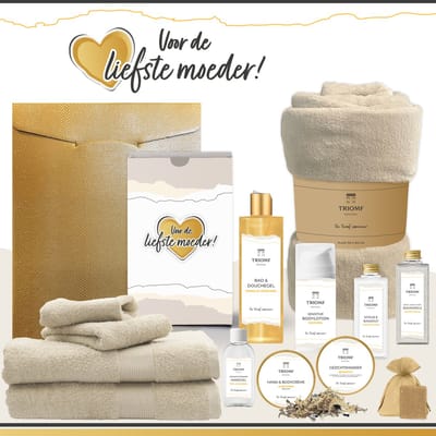 Geschenkset “Voor de liefste moeder!” - 13 producten - 2000 gram | Triomf Original - Giftset voor haar Cadeau Moederdag Luxe Wellness Pakket Vrouw Speciaal Cadeaupakket Bedankt Geschenk Lieve Mama Verjaardag Kerst Kerstpakket Gift Set Goud Crème