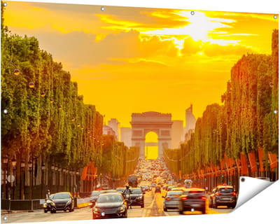 Gards Tuinposter Arc de Triomphe bij de Autoweg - 150x100 cm - Tuindoek - Tuindecoratie - Wanddecoratie buiten - Tuinschilderij