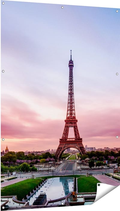 Gards Tuinposter Eiffeltoren in Parijs met Kleurrijke Hemel - 100x150 cm - Tuindoek - Tuindecoratie - Wanddecoratie buiten - Tuinschilderij