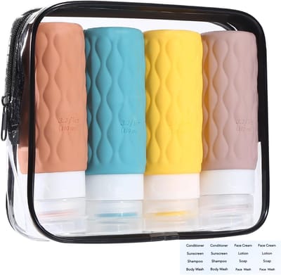 Famanu – Reisfles van siliconen - 100 ml - reisset - herbruikbaar - geschikt voor het vullen van shampoo - conditioner - lotion - douchegel - met transparante tas - BPA-vrij
