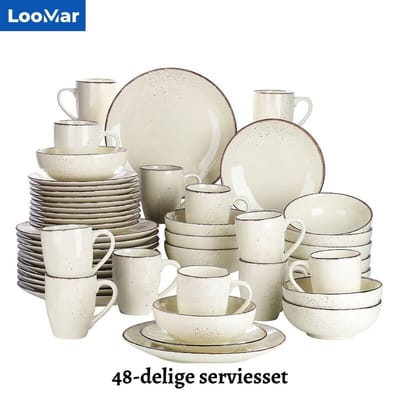 LooMar Luxe Serviesset – 48 delig – 12 persoons – Porselein - Bordenset – Dinner platen – Dessertborden - Kommen - Mokken - Set