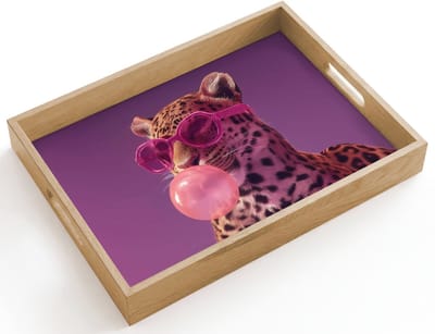 Dienblad hout 40x30 cm - Schootdienblad - Panter - Zonnebril - Kauwgombel - Roze - Borrelplank rechthoek - Plateau dienbladen