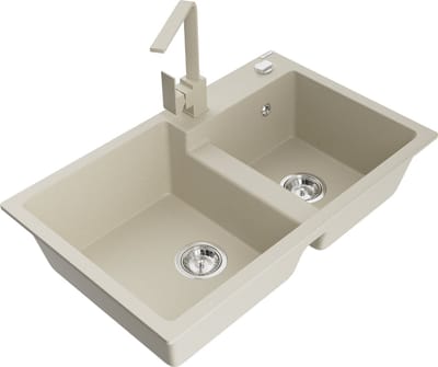 Mexen Tomas granieten gootsteen 2-komorige met keukenmengkraan Rita, beige - 6516-69-670300-69
