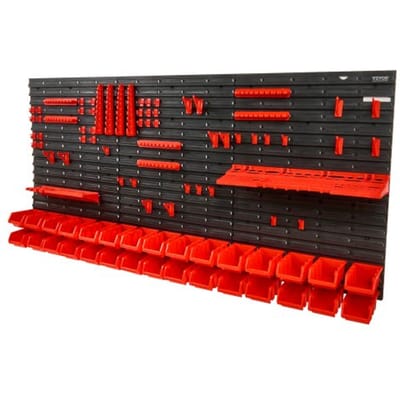 VEVOR stapelboxen, 30-container onderdelenrek organizer voor garage, kunststof gereedschapsrek met wandpanelen/gereedschapshouders/haken, voor moeren, bouten, schroeven, spijkers, kralen, knopen, zwart/rood