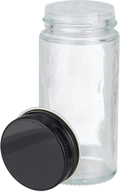 Famanu - Kruidenpotjes set van 16, strooinzet, kruidenstrooiers glas, met etiketten, pen & trechter, transparant/zwart