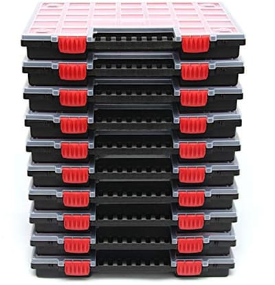 Sorteerdoos set van 10 voor kleine onderdelen - ergonomische handgreep - stapelbare kunststof organiser - 39,9 x 30,3 x 5 cm
