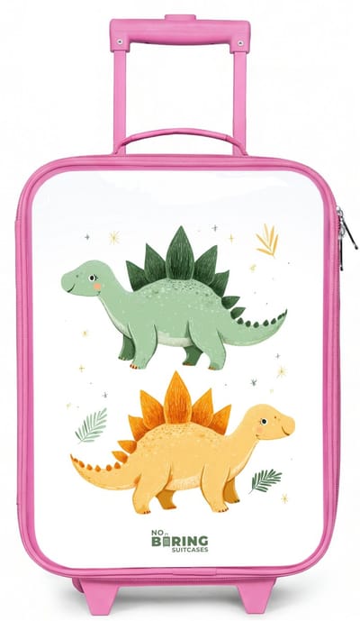 NoBoringSuitcases.com® - Kinderkoffer roze - Kindertrolley meisje - Vrolijke stegosaurusvrienden - Koffer kind lichtgewicht - Reiskoffer trolley voor kinderen - Koffertje met lichtgevende wieltjes - Rolkoffer