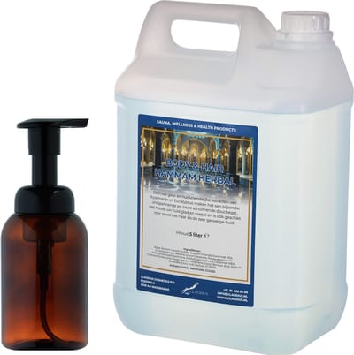 Zeepdispenser 300 ml amber bruin hervulbaar + 5 liter Body & Hair Hammam Herbal navulling