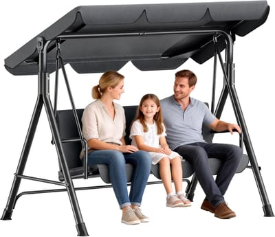 Soontrans - Tuinschommel 3-Zits Met Verstelbaar Zonnedak - Schommelbank Antislip voetsteunen - Hollywoodschommel - Tuinhangmat - Stevig Metalen Frame Voor Tuin Terras - Hangmatbank 193x110x152cm - Tuinhangmat Weerbestendig Met Kussen - Antraciet