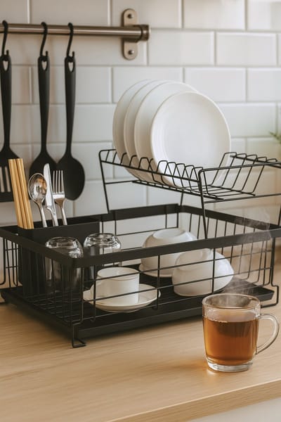 Precisie Home - Afdruiprek Zwart – 2-Lagen – Met Bestekhouder & Lekbak – Stijlvol Metalen Afdruiprek Voor Borden, Glazen & Bestek