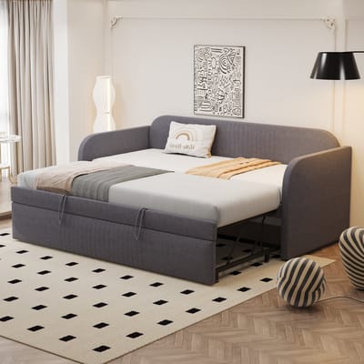 Wishdor – Gestoffeerde Slaapbank 90/180x190 cm – Uitschuifbaar – Inclusief Lattenbodem – Stijlvol & Praktisch – Linnen – Grijs