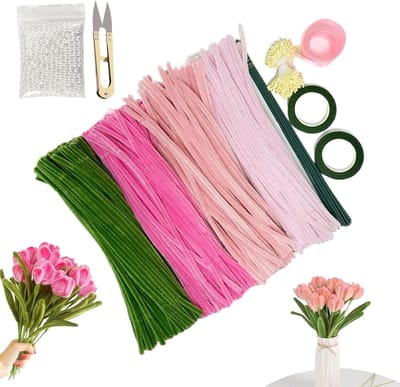 Pijpenreinigers Knutselen - Chenilledraad Ambacht - Bloemen Maken - 400 Stuks Set - 31.8 x 18.2 cm - Roze Groen