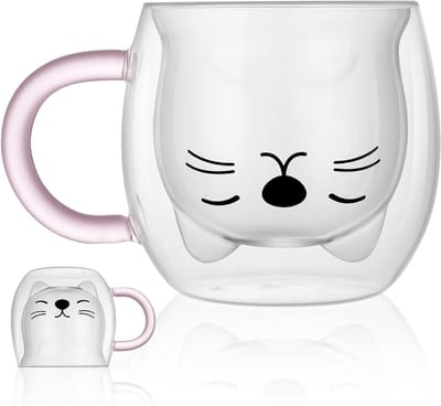 Schattige Dubbelwandige Kat Mok van Glas, 250ml Geïsoleerde Espresso Cup met Handvat, Perfect als Cadeau voor Verjaardag, Valentijn en Kerst voor Vrouwen