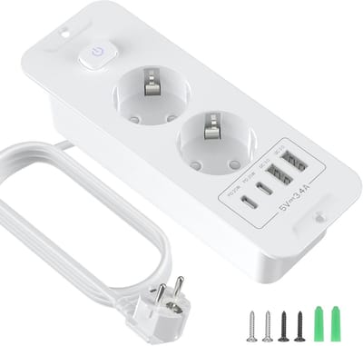 Inbouwstopcontact met USB en schakelaar - Tafelstopcontact met 2 m verlengkabel voor kantoor en thuis (wit)