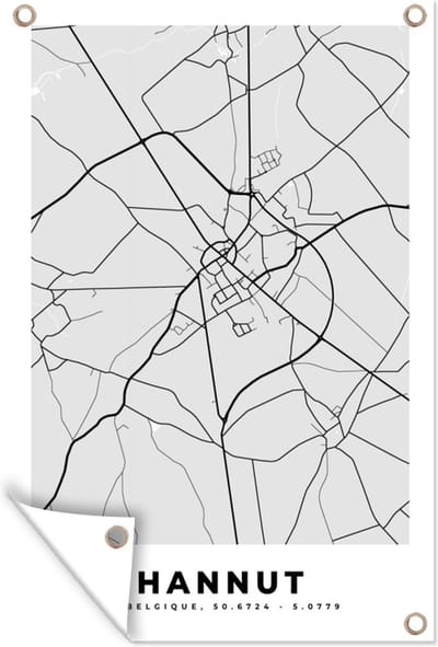 Muurdecoratie Zwart Wit – België – Plattegrond – Stadskaart – Kaart – Hannut - 120x180 cm - Tuinposter - Tuindoek