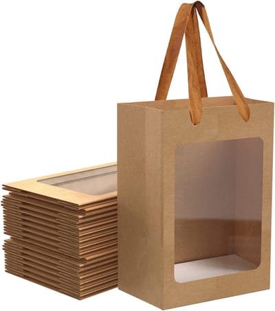 24x Bruine Cadeauzakken van Kraftpapier met Venster | Stevige Boodschappentassen met Handvatten (25x17.8x13 cm)